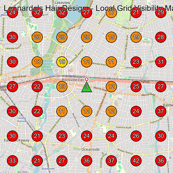 Leonardo's Hair Design GeoGrid visibility map for Hair Salon in Rockville Centre
